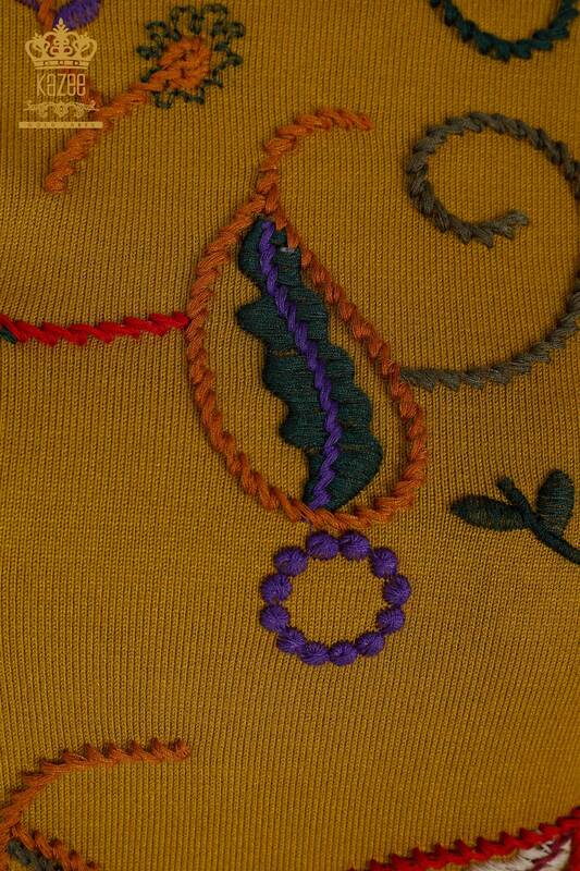 Wholesale Women's Knitwear Sweater Embroidery Pattern Mustard - 30652 | KAZEE