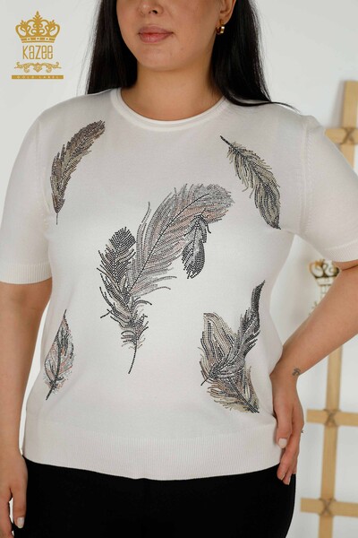 Wholesale Women's Knitwear Sweater Feather Patterned Black - 30316 | KAZEE - Thumbnail