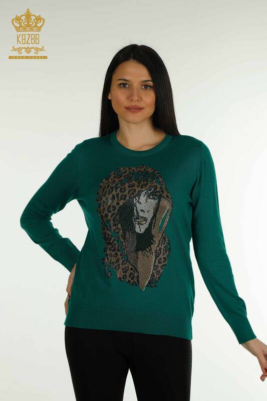 Wholesale Women's Knitwear Sweater Figured Green - 30102 | KAZEE