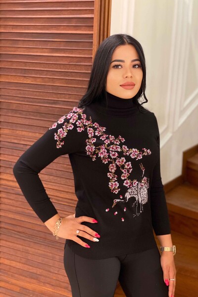 Wholesale Women's Knitwear Sweater Turtleneck Colorful Floral Pattern - 15921 | KAZEE - Thumbnail