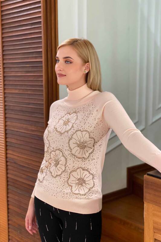 Wholesale Women's Knitwear Sweater Turtleneck Floral Pattern - 15881 | KAZEE