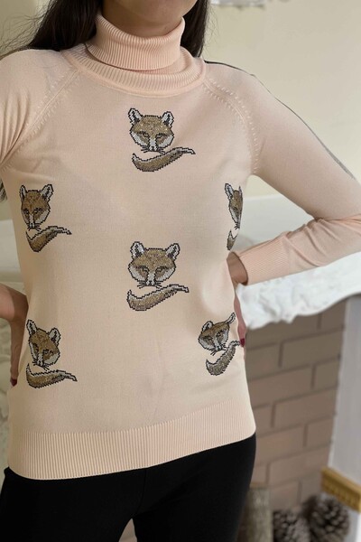 Wholesale Women's Knitwear Sweater Turtleneck Embroidered Stone - 15886 | KAZEE - Thumbnail