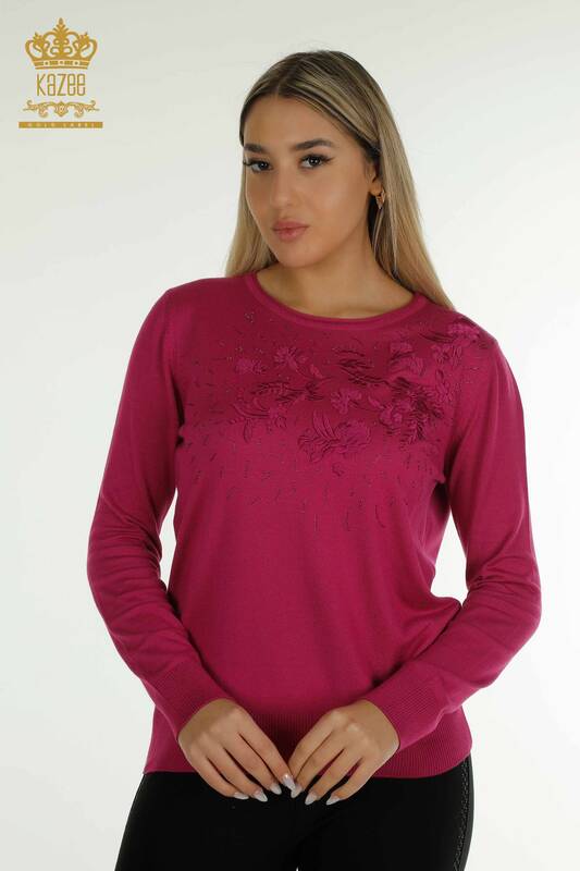 Wholesale Women's Knitwear Sweater Floral Embroidered Fuchsia - 16849 | KAZEE