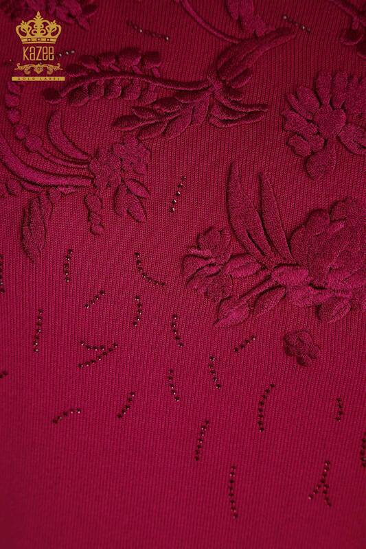 Wholesale Women's Knitwear Sweater Floral Embroidered Fuchsia - 16849 | KAZEE