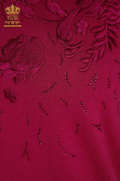 Wholesale Women's Knitwear Sweater Floral Embroidered Fuchsia - 16849 | KAZEE - Thumbnail