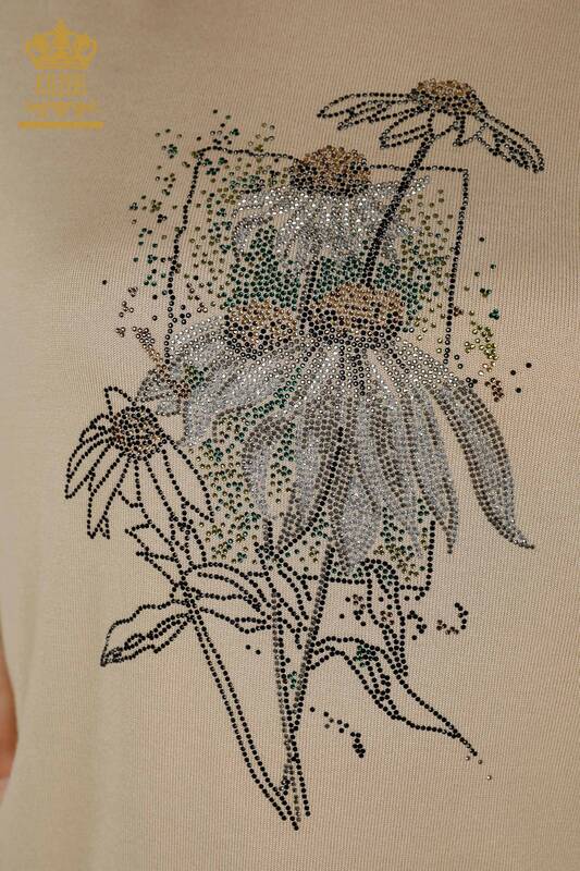 Wholesale Women's Knitwear Sweater - Floral Pattern - Beige - 16963 | KAZEE