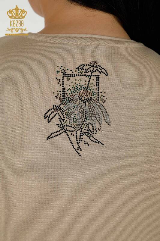 Wholesale Women's Knitwear Sweater - Floral Pattern - Beige - 16963 | KAZEE