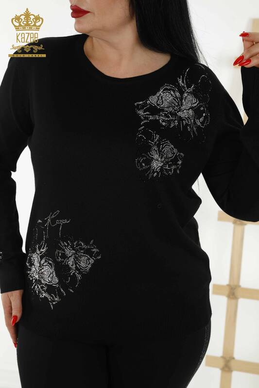 Wholesale Women's Knitwear - Floral Pattern - Black - 30152 | KAZEE