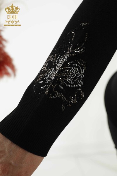 Wholesale Women's Knitwear - Floral Pattern - Black - 30152 | KAZEE - Thumbnail