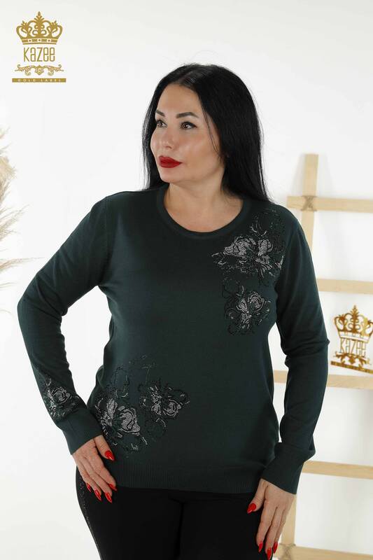 Wholesale Women's Knitwear Sweater - Floral Pattern - Dark Green - 30152 | KAZEE