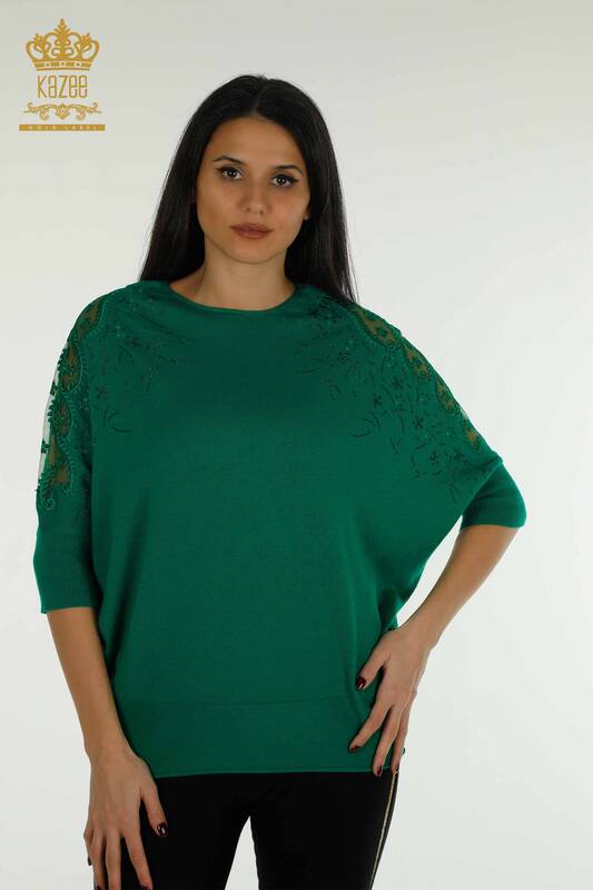 Wholesale Women's Knitwear Sweater Floral Patterned Green - 16800 | KAZEE
