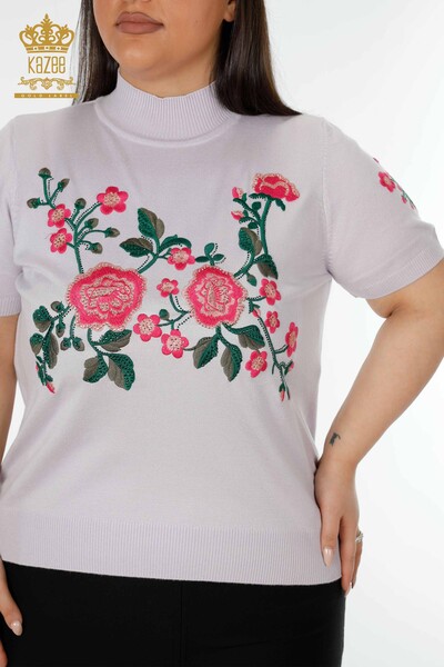 Wholesale Women's Knitwear Sweater Floral Patterned Lilac - 16769 | KAZEE - Thumbnail