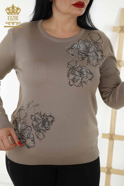 Wholesale Women's Knitwear Sweater - Floral Pattern - Mink - 30152 | KAZEE - Thumbnail