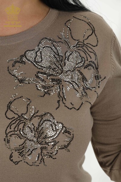 Wholesale Women's Knitwear Sweater - Floral Pattern - Mink - 30152 | KAZEE - Thumbnail