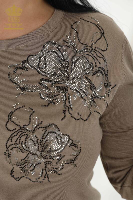 Wholesale Women's Knitwear Sweater - Floral Pattern - Mink - 30152 | KAZEE