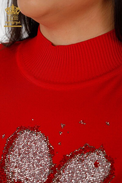 Wholesale Women's Knitwear Sweater Floral Pattern Red - 16912 | KAZEE - Thumbnail