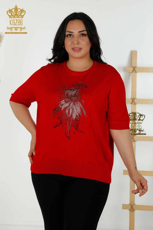 Wholesale Women's Knitwear Sweater - Floral Pattern - Red - 16963 | KAZEE