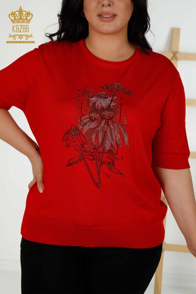 Wholesale Women's Knitwear Sweater - Floral Pattern - Red - 16963 | KAZEE - Thumbnail