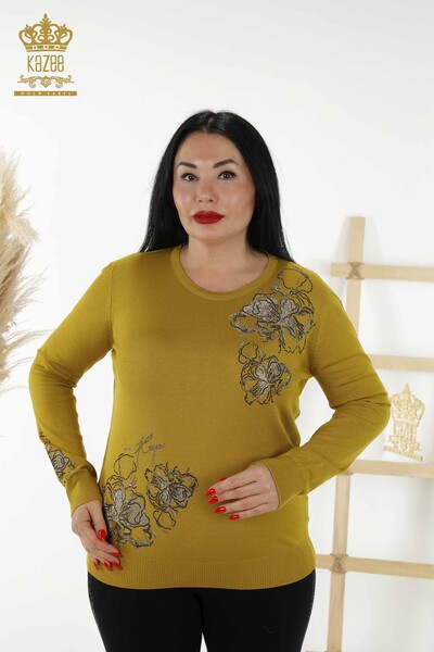 Wholesale Women's Knitwear Sweater - Floral Pattern - Saffron - 30152 | KAZEE - Thumbnail