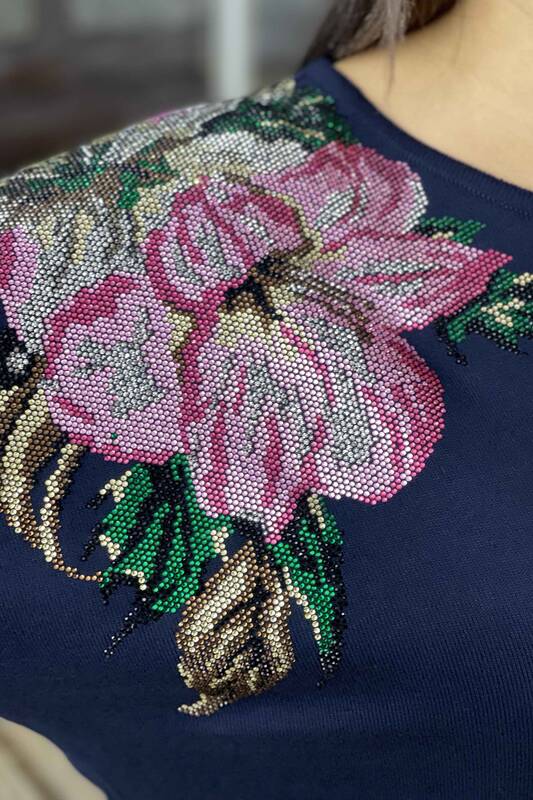 Wholesale Women's Knitwear Sweater Flower Detailed Embroidery -16596 | KAZEE