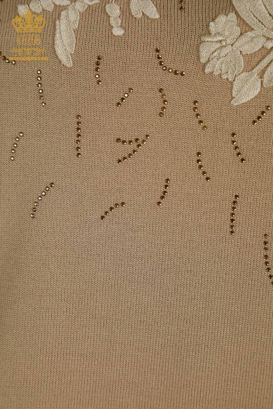 Wholesale Women's Knitwear Sweater Flower Embroidered Beige - 16849 | KAZEE