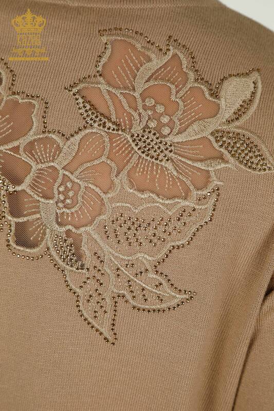 Wholesale Women's Knitwear Sweater Flower Embroidered Beige - 30126 | KAZEE