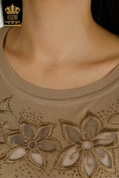 Wholesale Women's Knitwear Sweater Flower Embroidered Beige - 30527 | KAZEE - Thumbnail (2)