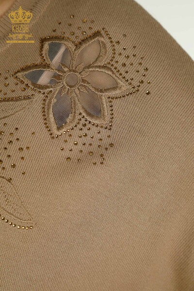 Wholesale Women's Knitwear Sweater Flower Embroidered Beige - 30527 | KAZEE - Thumbnail