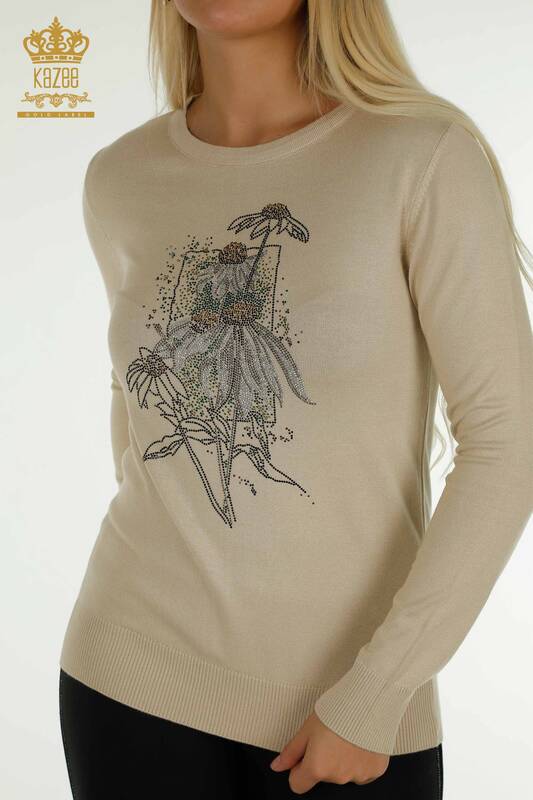 Wholesale Women's Knitwear Sweater Flower Embroidered Beige - 30612 | KAZEE