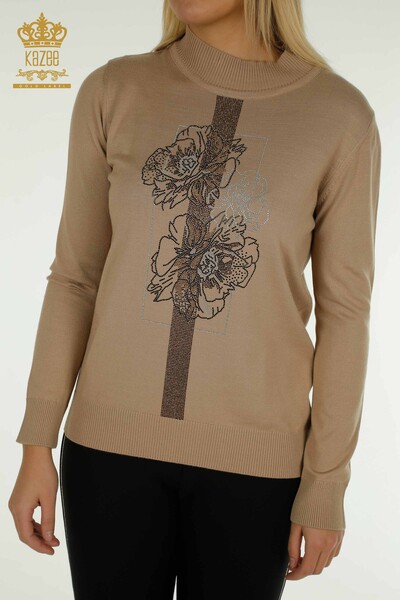 Wholesale Women's Knitwear Sweater Flower Embroidered Beige - 30614 | KAZEE - Thumbnail