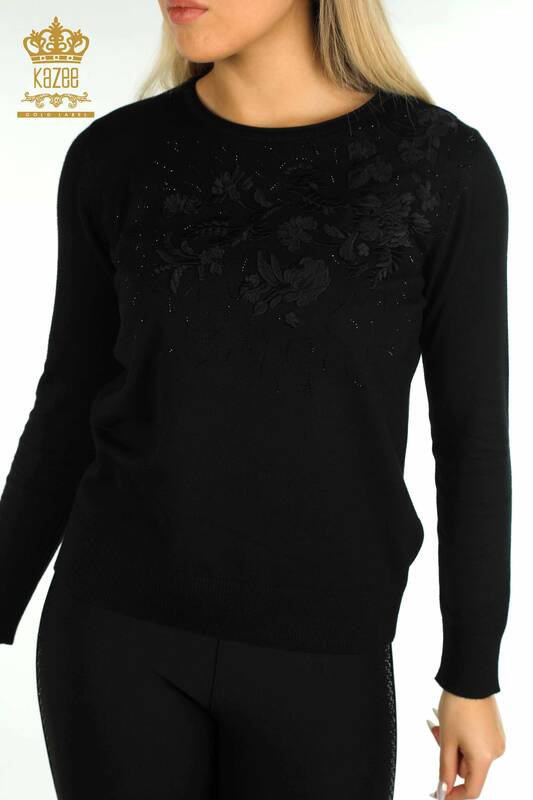 Wholesale Women's Knitwear Sweater Floral Embroidered Black - 16849 | KAZEE