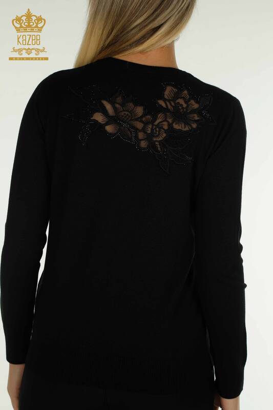 Wholesale Women's Knitwear Sweater Black with Floral Embroidery - 30126 | KAZEE