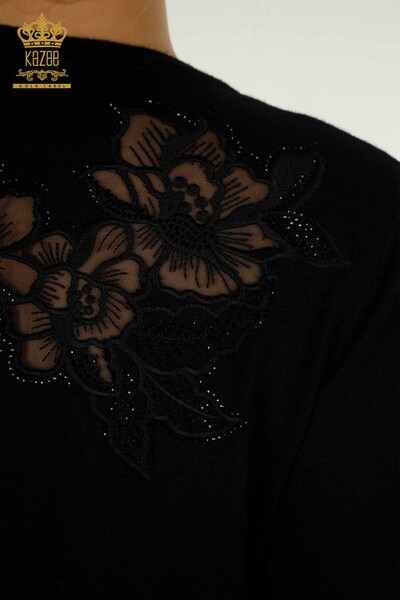 Wholesale Women's Knitwear Sweater Black with Floral Embroidery - 30126 | KAZEE - Thumbnail