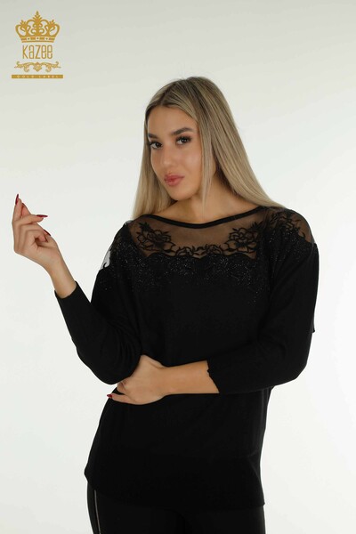 Wholesale Women's Knitwear Sweater Flower Embroidered Black - 30228 | KAZEE - Thumbnail