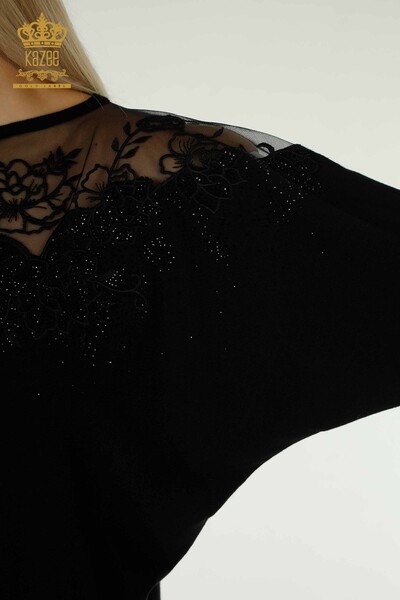 Wholesale Women's Knitwear Sweater Flower Embroidered Black - 30228 | KAZEE - Thumbnail