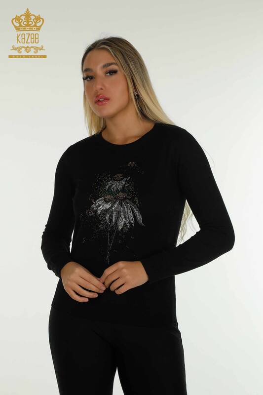 Wholesale Women's Knitwear Sweater Flower Embroidered Black - 30612 | KAZEE