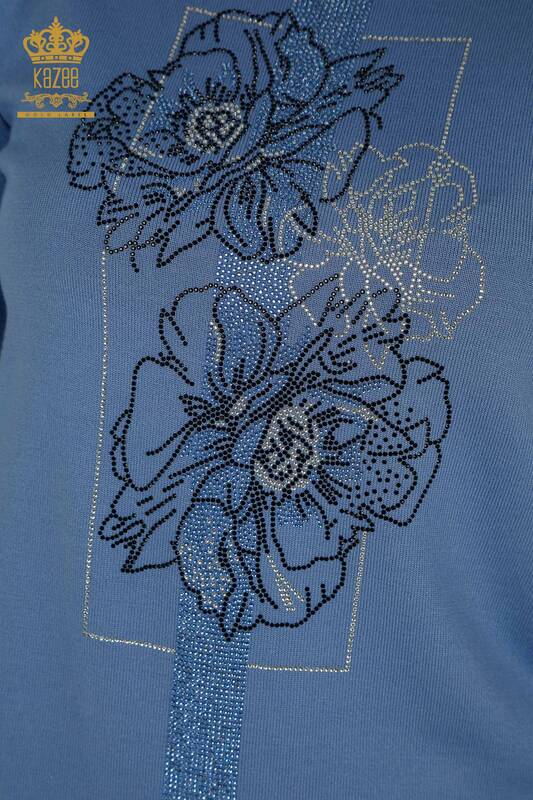 Wholesale Women's Knitwear Sweater Blue with Flower Embroidery - 30614 | KAZEE