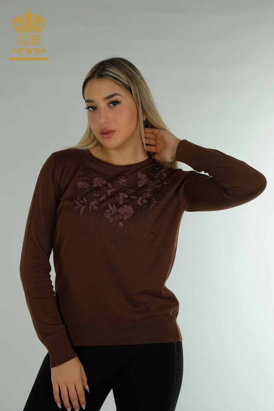 Wholesale Women's Knitwear Sweater Flower Embroidered Brown - 16849 | KAZEE