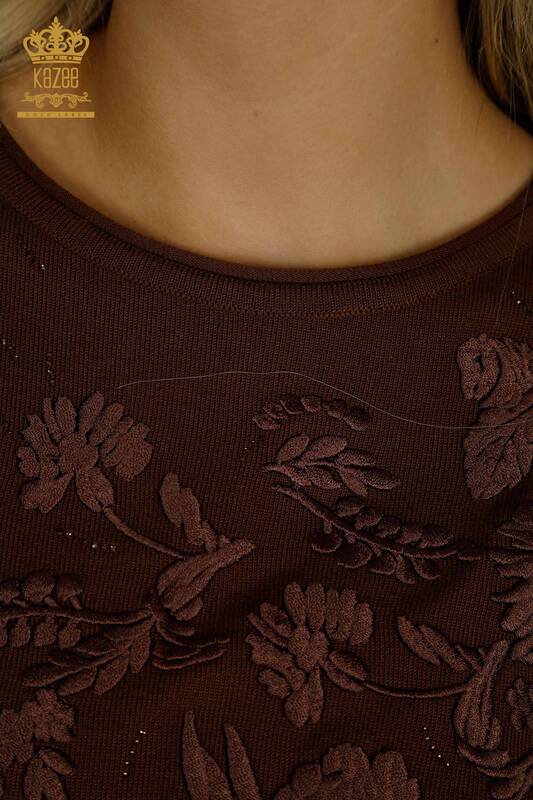 Wholesale Women's Knitwear Sweater Flower Embroidered Brown - 16849 | KAZEE