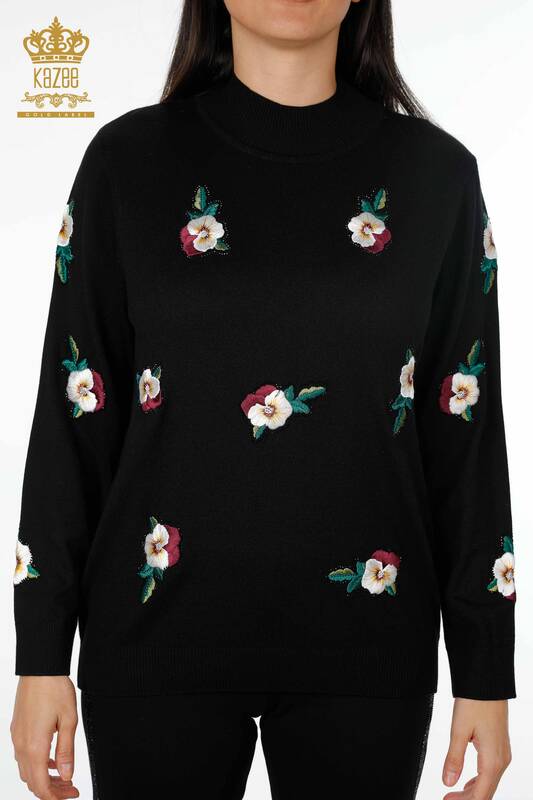 Wholesale Women's Knitwear Sweater Flower Embroidered Crystal Stone Embroidered - 16689 | KAZEE