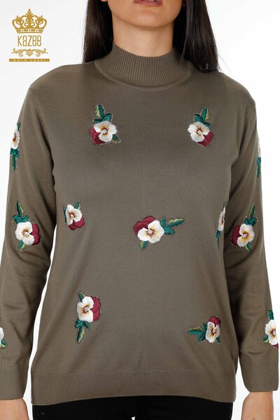 Wholesale Women's Knitwear Sweater Flower Embroidered Crystal Stone Embroidered - 16689 | KAZEE - Thumbnail