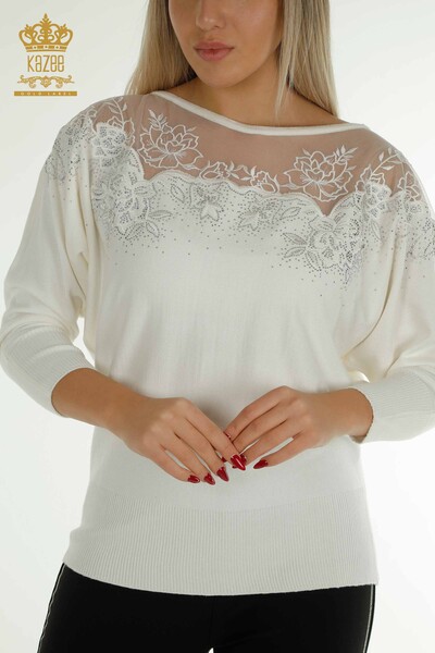 Wholesale Women's Knitwear Sweater Flower Embroidered Ecru - 30228 | KAZEE - Thumbnail