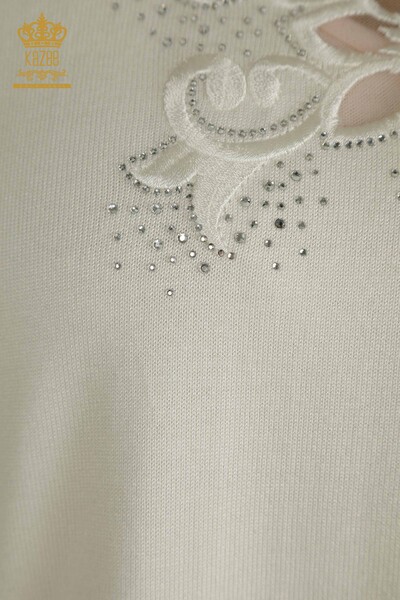 Wholesale Women's Knitwear Sweater Floral Embroidered Ecru - 30527 | KAZEE - Thumbnail