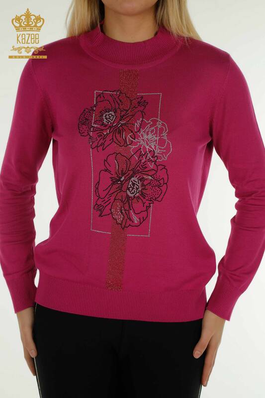 Wholesale Women's Knitwear Sweater Floral Embroidered Fuchsia - 30614 | KAZEE