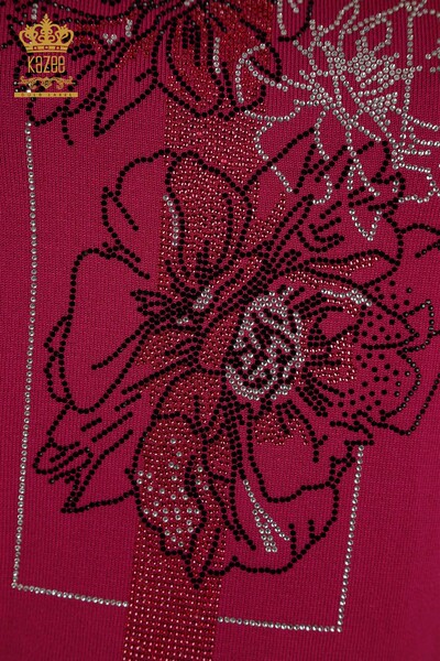 Wholesale Women's Knitwear Sweater Floral Embroidered Fuchsia - 30614 | KAZEE - Thumbnail