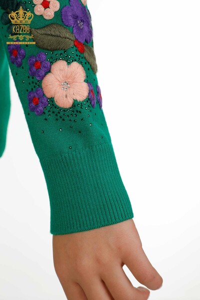 Wholesale Women's Knitwear Sweater Green with Floral Embroidery - 30632 | KAZEE - Thumbnail