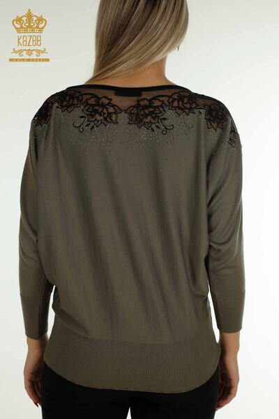 Wholesale Women's Knitwear Sweater Flower Embroidered Khaki - 30228 | KAZEE - Thumbnail