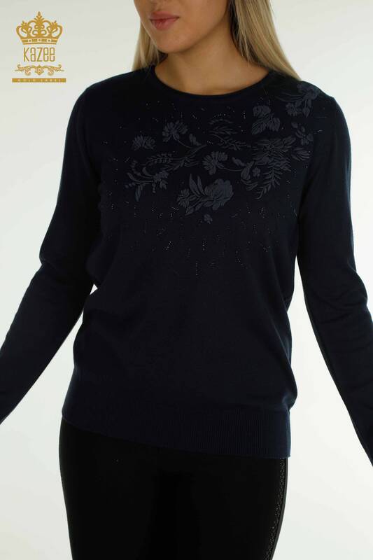 Wholesale Women's Knitwear Sweater Floral Embroidered Navy Blue - 16849 | KAZEE