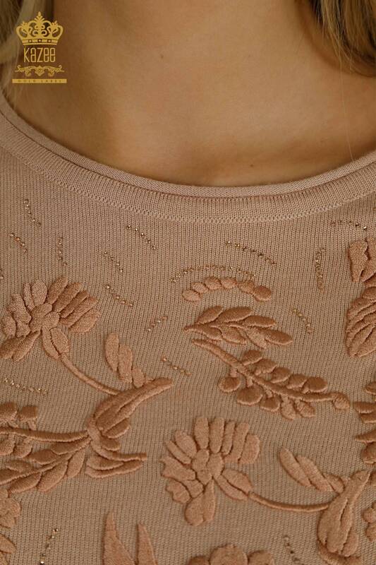 Wholesale Women's Knitwear Sweater Flower Embroidered Powder - 16849 | KAZEE