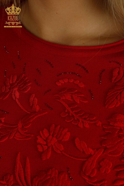 Wholesale Women's Knitwear Sweater Red with Flower Embroidery - 16849 | KAZEE - Thumbnail